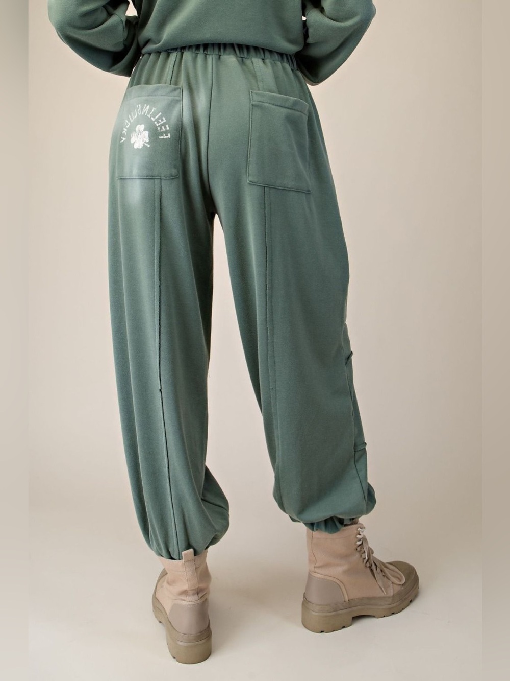 Easel Juniper Green Feeling Lucky Washed Terry Jogger Pants - Picture 3 of 3